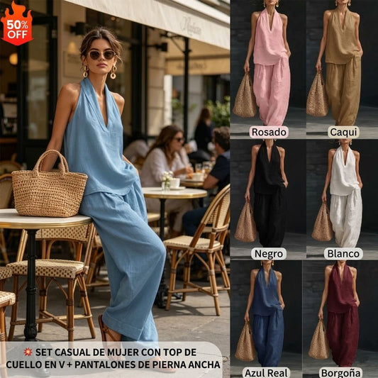 💥【50% de descuento】【S-5XL】💥Conjunto casual para mujer, top con cuello en V + pantalón de pierna ancha