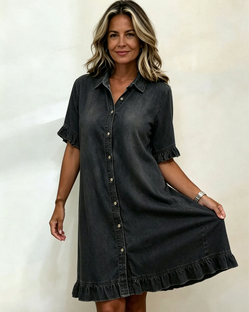 【50% OFF】Vestido camisero vaquero de corte holgado con volantes