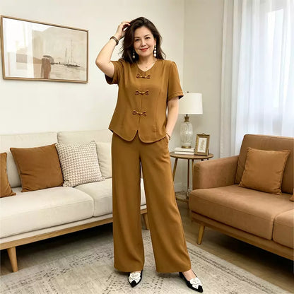 🔥【Oferta limitada al 50%】🔥Conjunto casual y elegante para mujer de tejido ligero, con botones decorativos y pantalón vaporoso