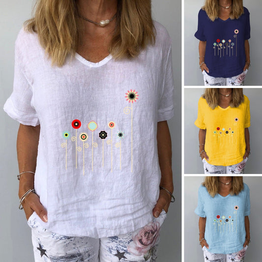 😘【Letnia gorąca wyprzedaż】✨【S-3XL】 2025 Damska nowa bawełniana i lniana koszulka z krótkim rękawem w kwiaty