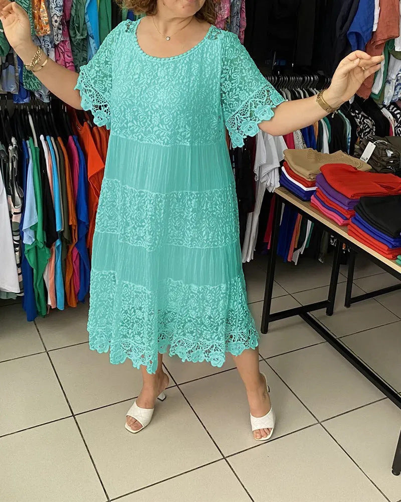 🔥【50%OFF】✨✨✨【S-5XL】2026Nuevo vestido camiseta de manga corta, cuello redondo y encaje.
