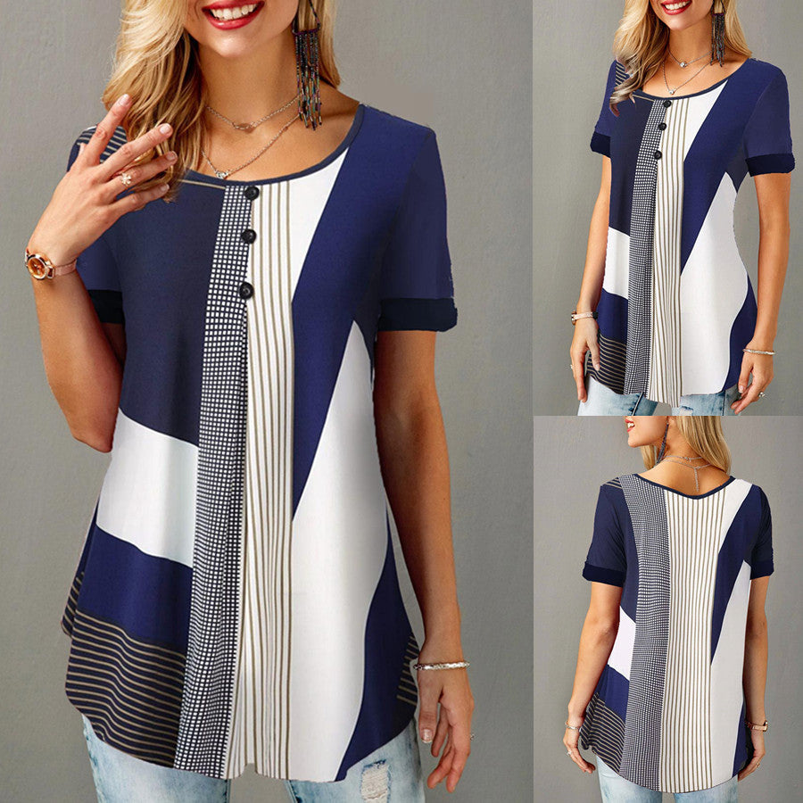 🔥✨【Gorąca wyprzedaż🔥】【S-5XL】🌺🌺2025 Wiosna Nowa moda damska koszulka w paski z nadrukiem i okrągłym dekoltem