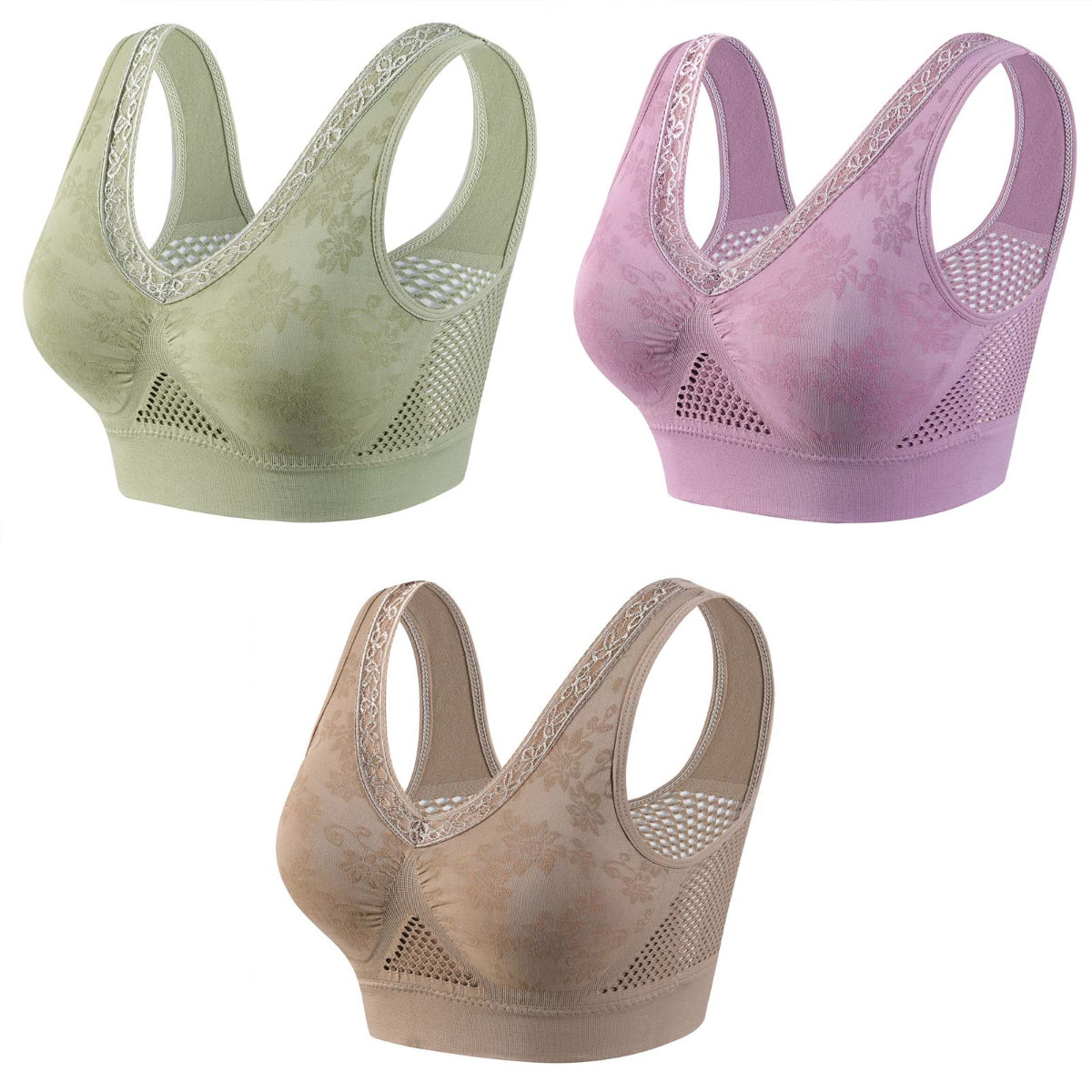 🎉👙【40-120KG】【Paquete de 3】✨Sujetador de encaje sin aros para mujer, de alta sujeción