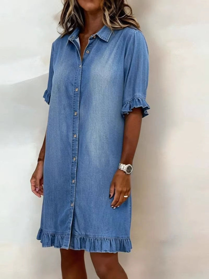👔50% de descuento🔥【40-120 kg】Vestido camisero de mezclilla con corte amplio y volantes ✅Pago contra entrega