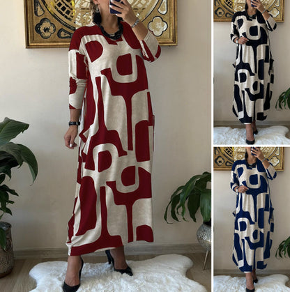 🔥🥰【S-3XL】Casualowa sukienka z okrągłym dekoltem i długą spódnicą z długim rękawem i nadrukiem