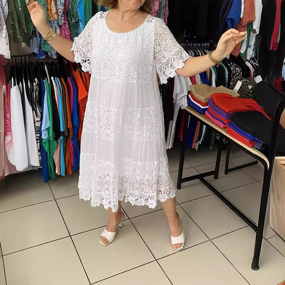 🔥【50%OFF】✨✨✨【S-5XL】2026Nuevo vestido camiseta de manga corta, cuello redondo y encaje.