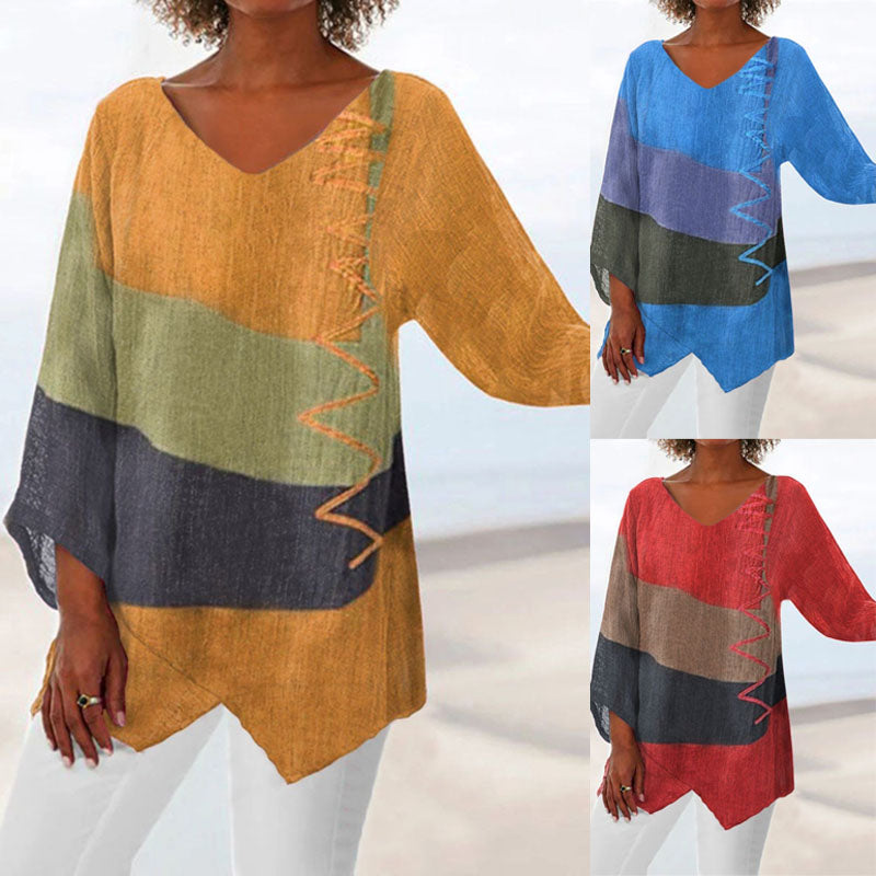 🍁 【S–4XL】Blusa de lino holgada con cuello en V y mangas largas para mujer – Nueva colección 2026 ✨-E
