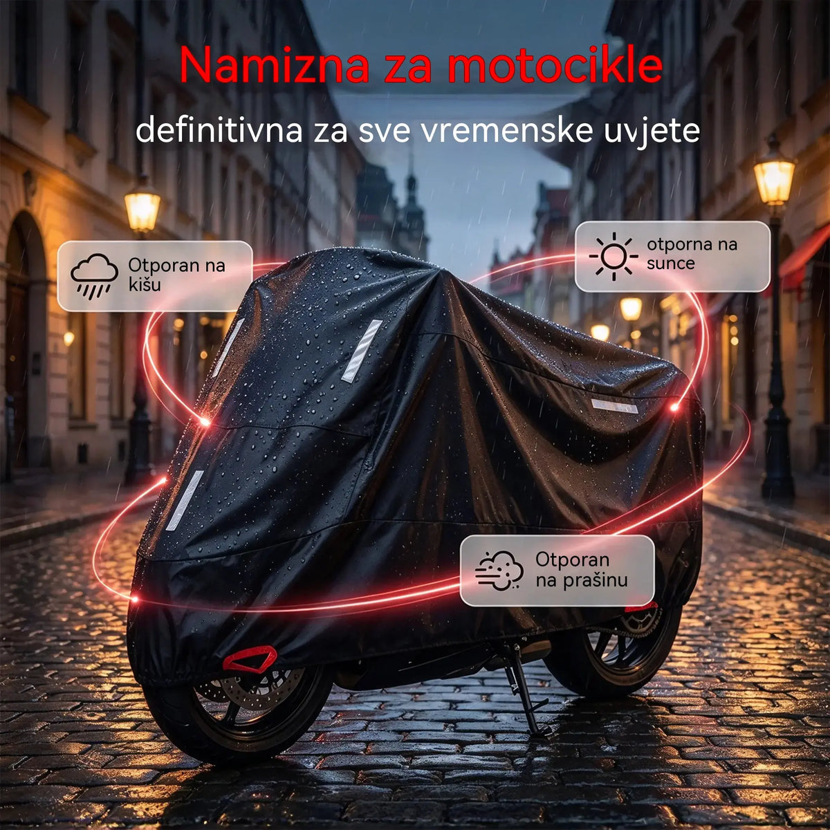 🏍️ Danas 50 % popusta! Univerzalna cerada za motocikle | Vodootporna, izdržljiva i otporna na UV zračenje | Odgovara većini motocikala | Sigurnosni otvori i ojačani šavovi | Idealna za vanjsku upotrebu 🌧️☀️