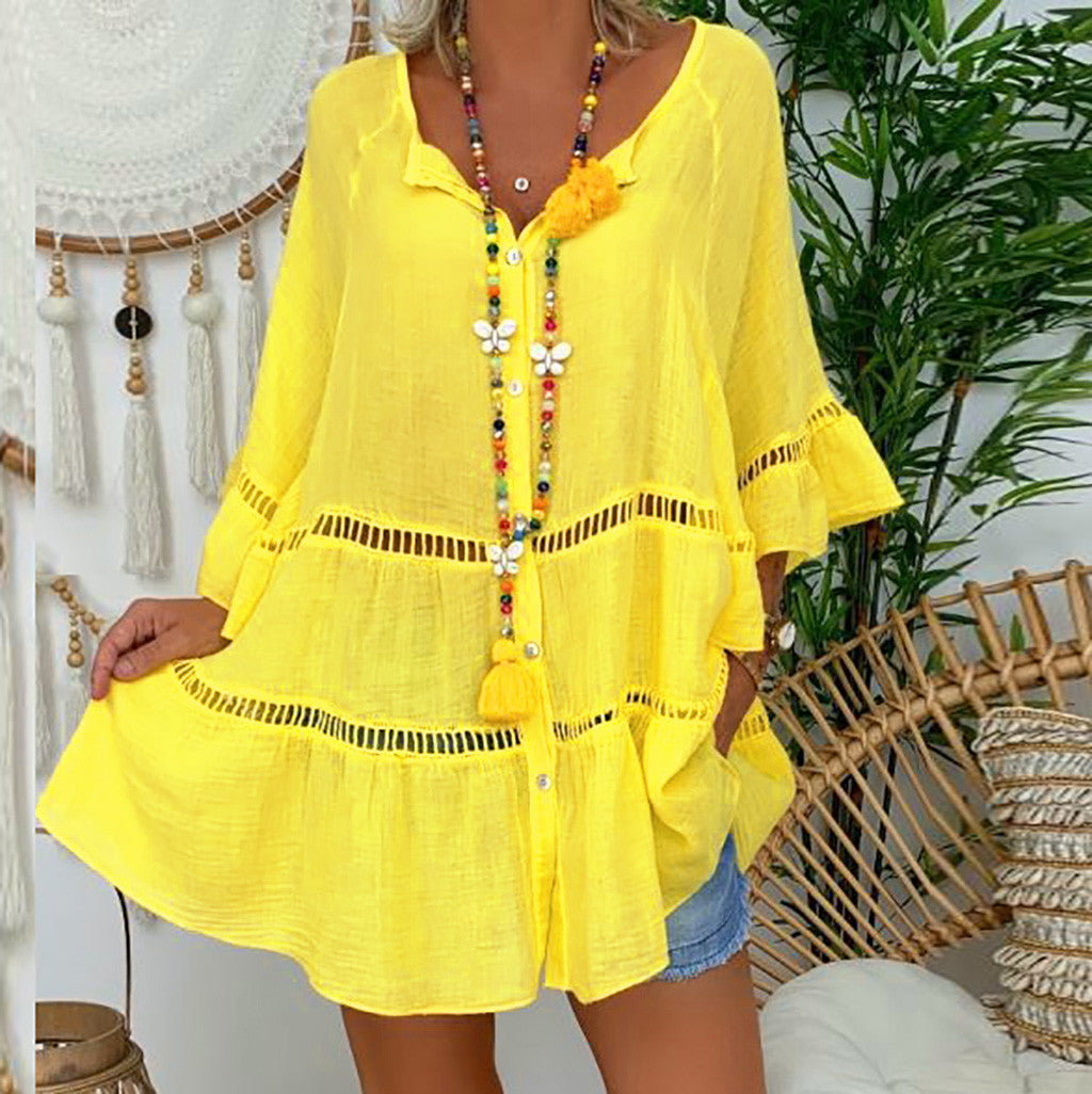 [S-5XL]Blusa de mujer en algodón y lino con un diseño holgado de cuello en V.