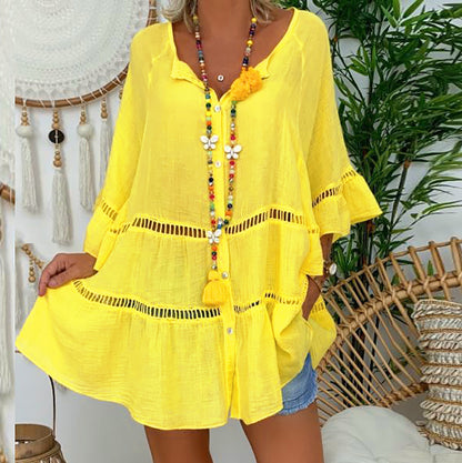 [S-5XL]Blusa de mujer en algodón y lino con un diseño holgado de cuello en V.