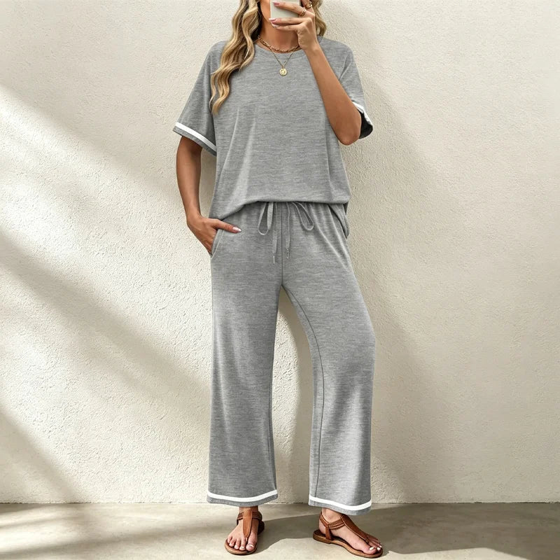 ✨Pago contra entrega✅️ Conjunto casual de dos piezas para mujer, camiseta de cuello redondo y pantalón de pierna ancha – Material suave, transpirable y elástico.