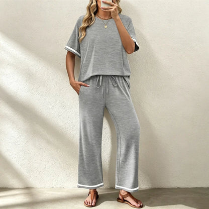 ✨Pago contra entrega✅️ Conjunto casual de dos piezas para mujer, camiseta de cuello redondo y pantalón de pierna ancha – Material suave, transpirable y elástico.