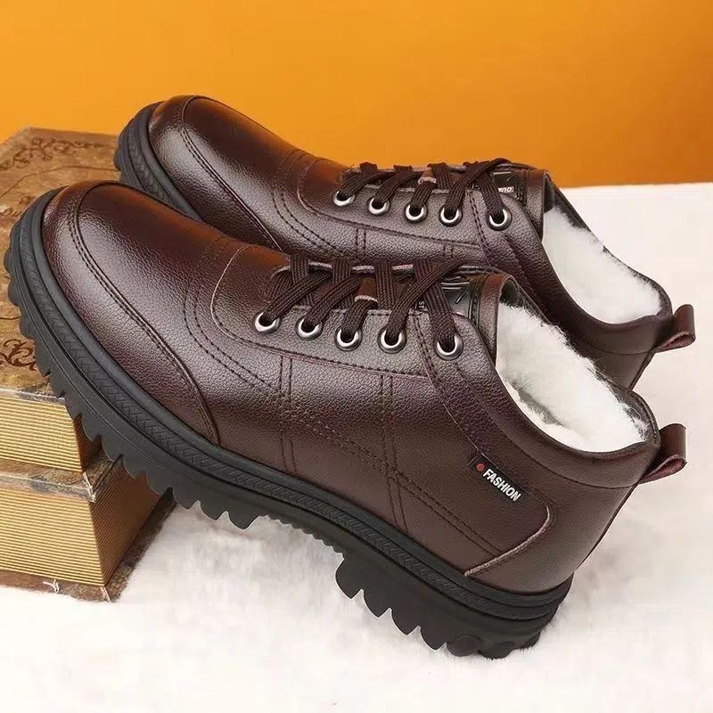 🔥Oferta ograniczona czasowo🔥【39-44】 Zimowe, ciepłe męskie skórzane buty z grubą podeszwą-3775357