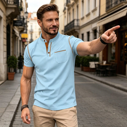 Muška ljetna polo majica na kopčanje iz 2026., jednobojna, kratki rukavi, prugasti ovratnik, ležeran stil 【Plaćanje pouzećem】