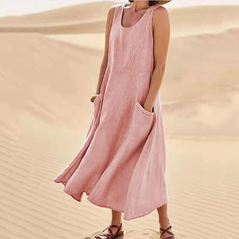 🌈👗【S-5XL】Lato 2025, nowa, elegancka, jednokolorowa sukienka bez rękawów z okrągłym dekoltem, wykonana z bawełny i lnu.