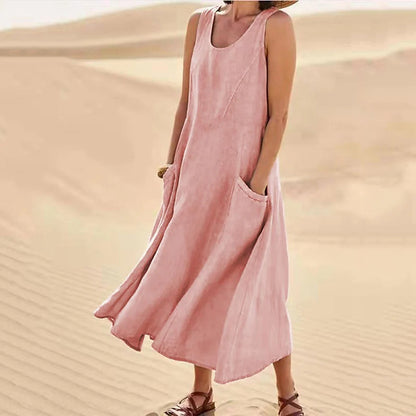 🌈👗【S-5XL】Lato 2025, nowa, elegancka, jednokolorowa sukienka bez rękawów z okrągłym dekoltem, wykonana z bawełny i lnu.