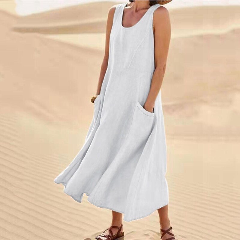 🌈👗【S-5XL】Lato 2025, nowa, elegancka, jednokolorowa sukienka bez rękawów z okrągłym dekoltem, wykonana z bawełny i lnu.