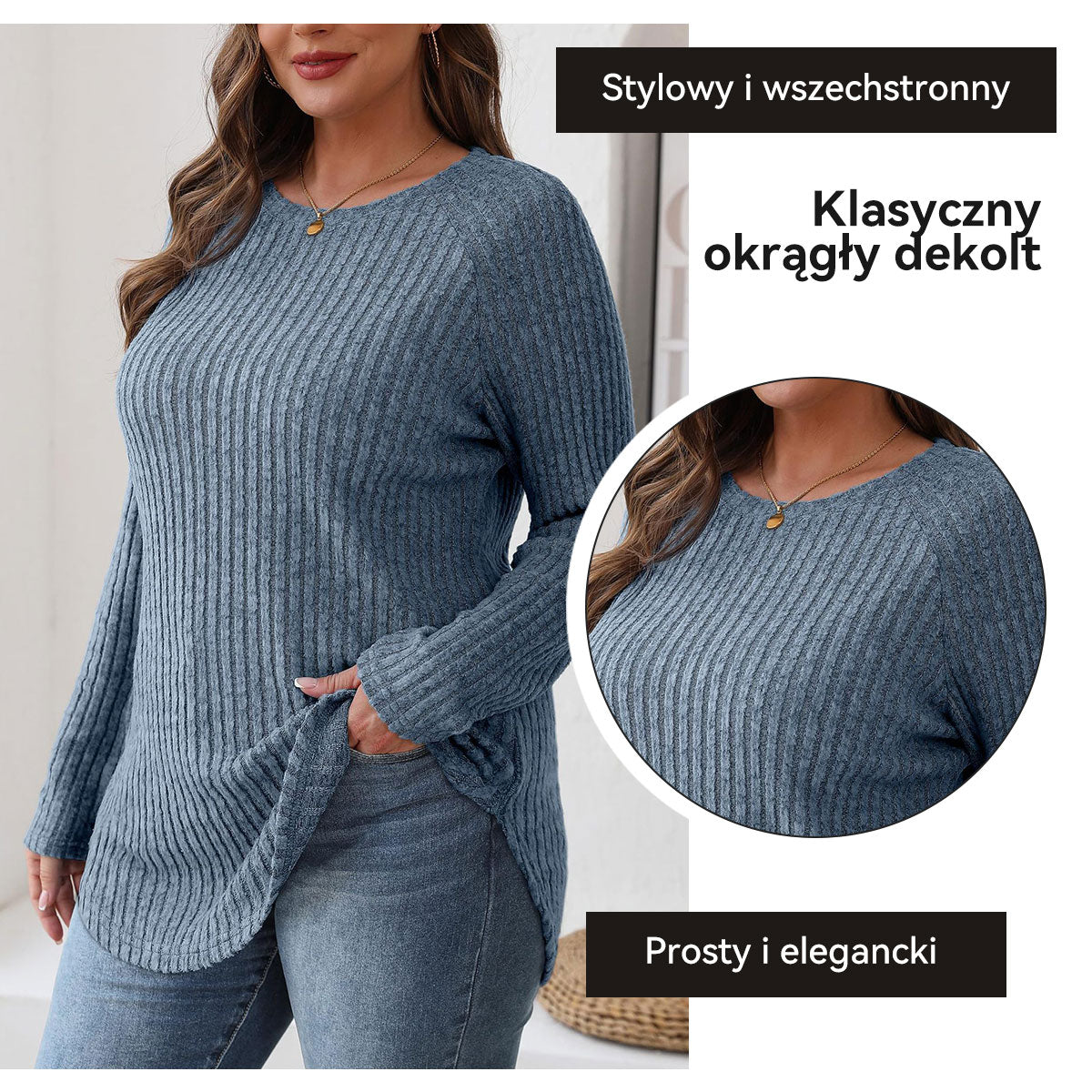 Klasyczny sweter dzianinowy na jesień i zimę – miękki, ciepły i kobiecy.