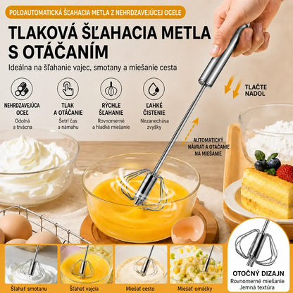 🥚 Kúp 1, druhú získaš ZADARMO! Poloautomatická metlička z nehrdzavejúcej ocele s mechanizmom fungujúcim na princípe stlačenia a rotácie