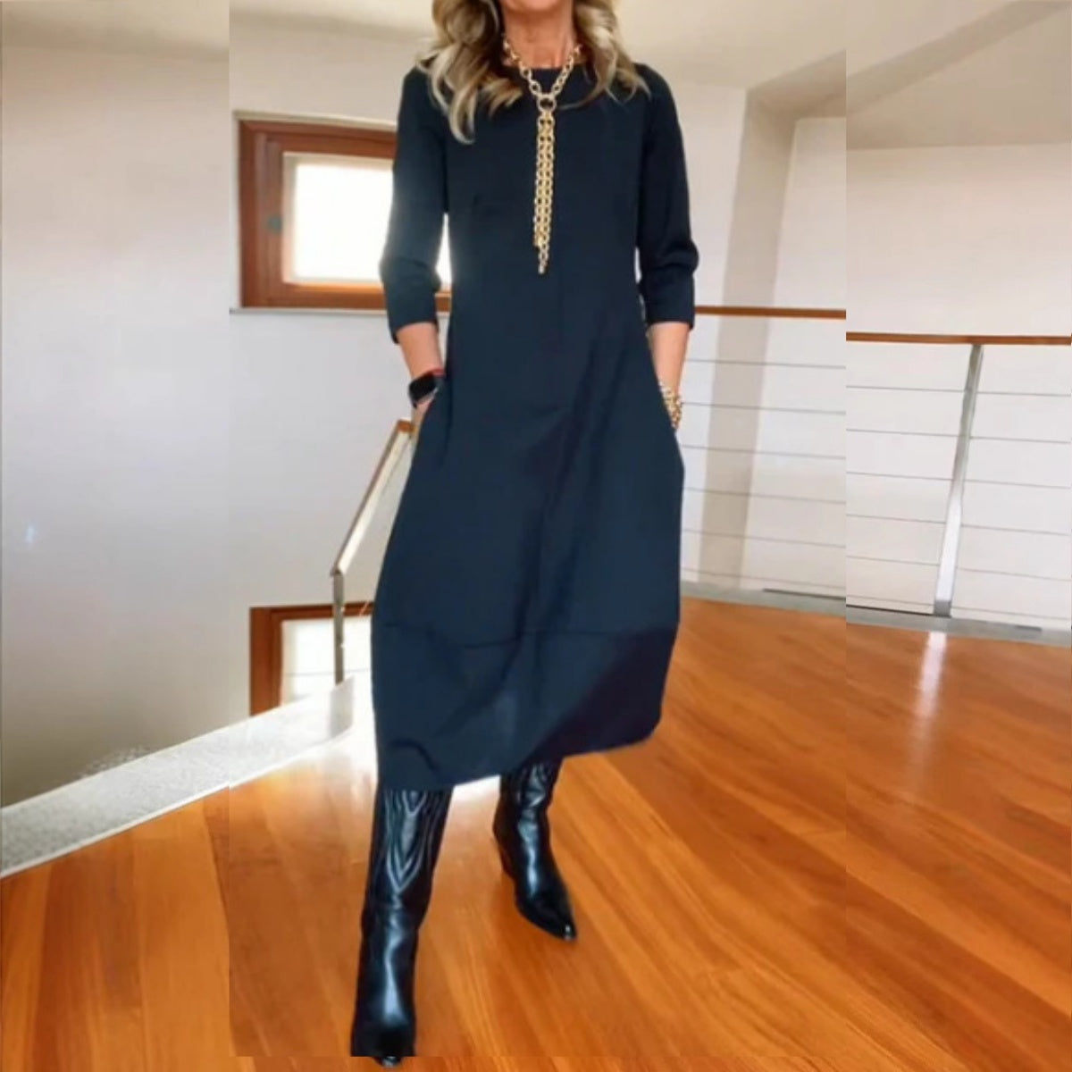 sleva 50 %! 👗 【S-5XL】Elegantní jednobarevné šaty s dlouhým rukávem, pohodlné a praktické, vhodné pro každodenní nošení.