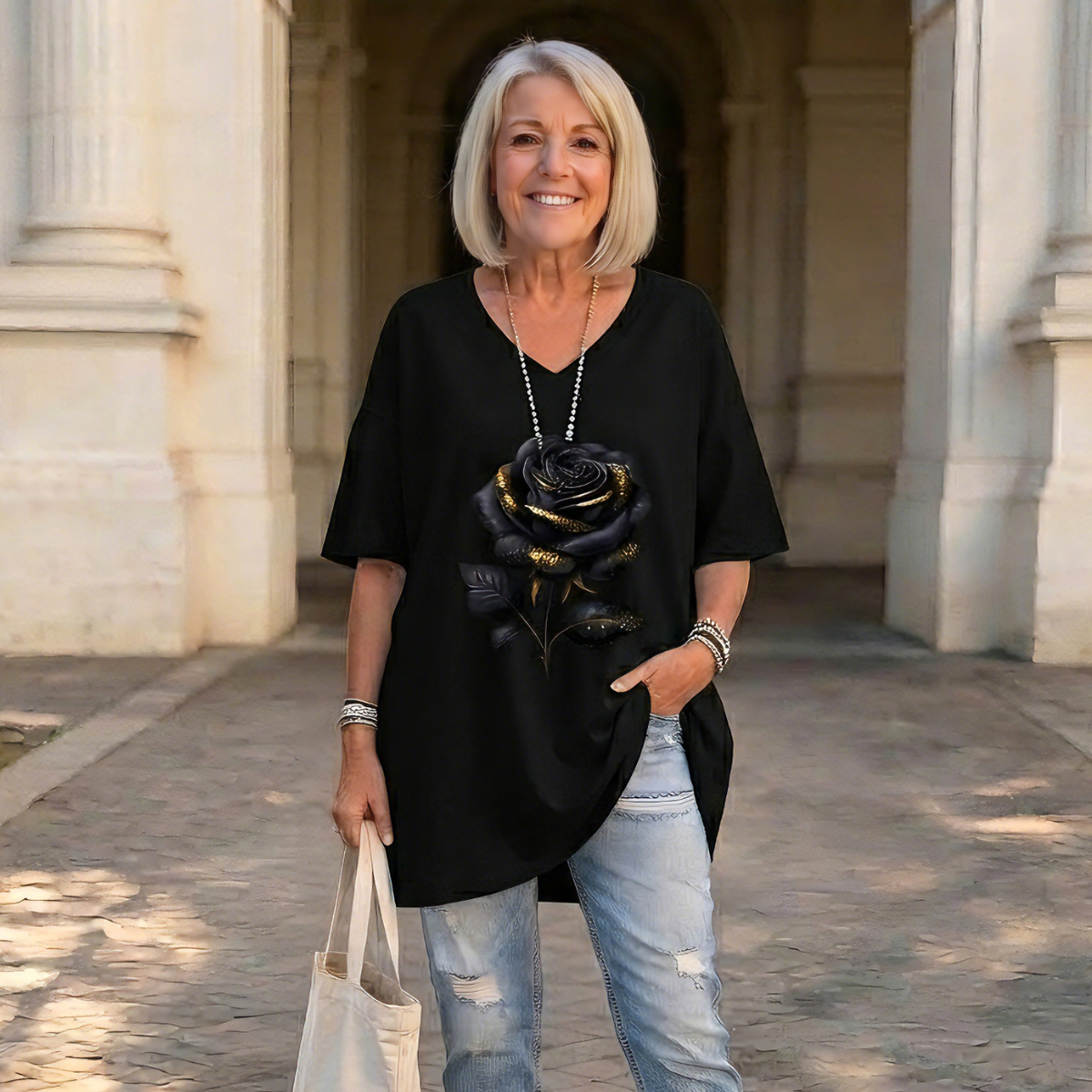 🌹Camiseta de mujer con cuello en V y estampado de rosas para tallas grandes.✅️Pago contra entrega