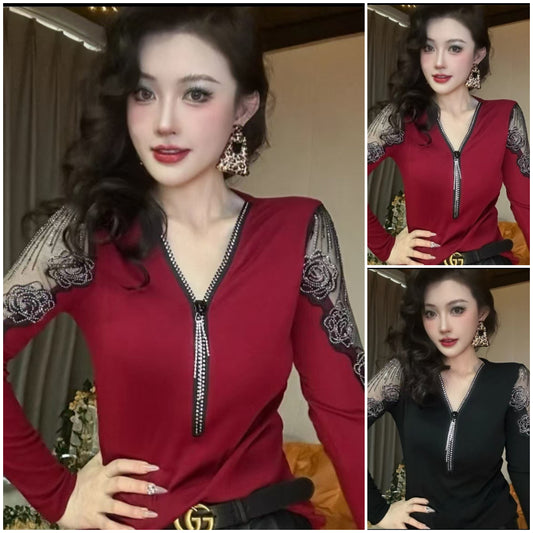 🔥Cămașă cu mâneci lungi, cu fermoar, cu decolteu în V, sexy, trandafir nou