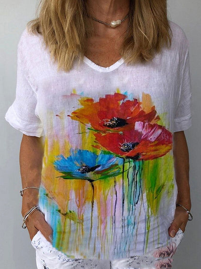 💐【Kup 1 dostań 1 za darmo】👕【S-5XL】🌈T-shirt z krótkim rękawem i bawełnianą lnianą nadrukiem w kwiaty