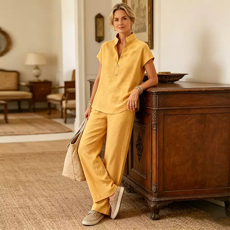 🔥【¡Oferta al 50%!!】✨Conjunto de mujer de lino y algodón: blusa de manga corta y pantalón ancho, estilo casual elegante de verano