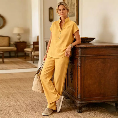 🔥【¡Oferta al 50%!!】✨Conjunto de mujer de lino y algodón: blusa de manga corta y pantalón ancho, estilo casual elegante de verano