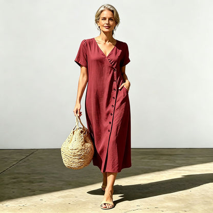 【S-3XL】Nuevo vestido de verano 2026 con escote en V, botones y diseño de color liso