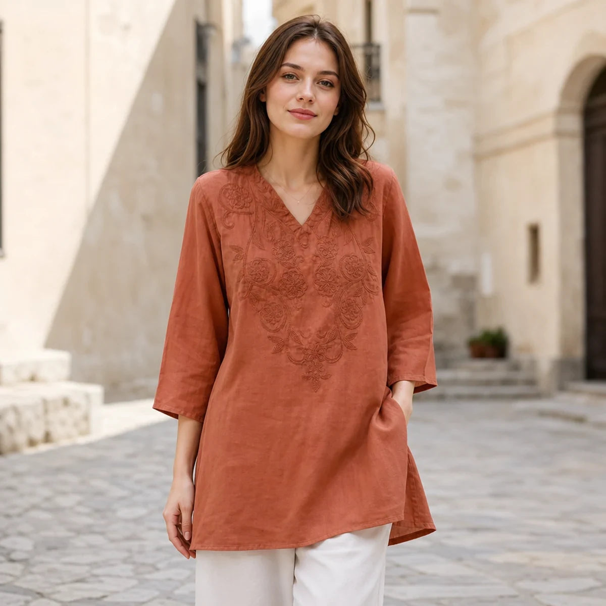 2026 Moda w stylu boho ✨ Luźna, długa, bawełniana koszula z haftem 🌿 Luźny krój 【Rozmiary M-4XL】
