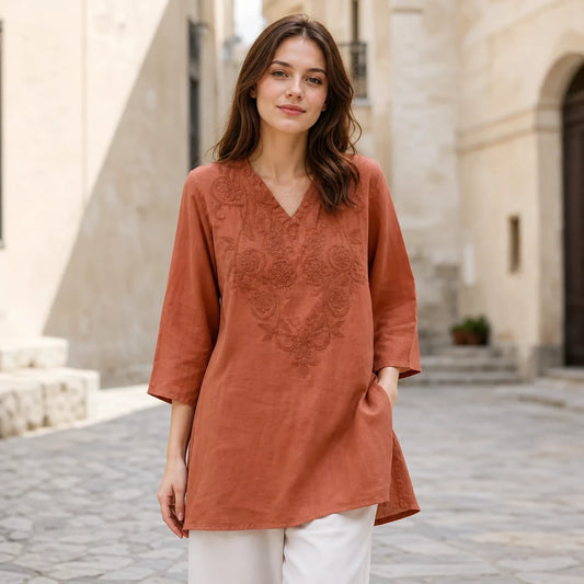 2026 Moda w stylu boho ✨ Luźna, długa, bawełniana koszula z haftem 🌿 Luźny krój 【Rozmiary M-4XL】