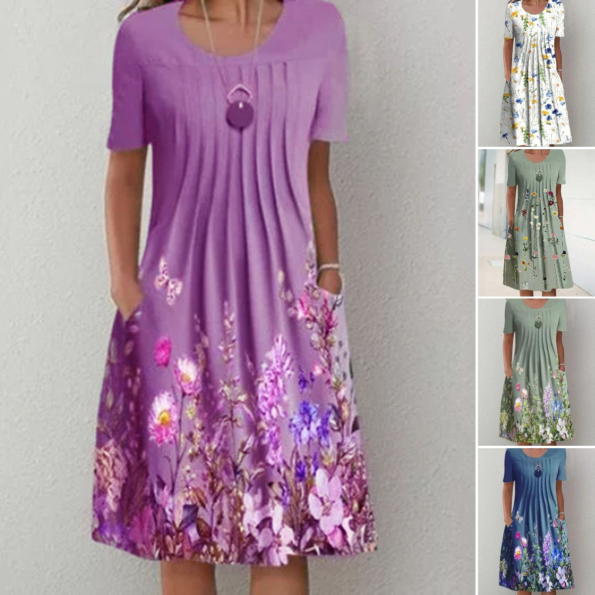 💗💗 【40-100KG】🎁🎁2025 Wiosna i Lato Nowa Moda Damska Sukienka Z Okrągłym Dekoltem Nadrukowana