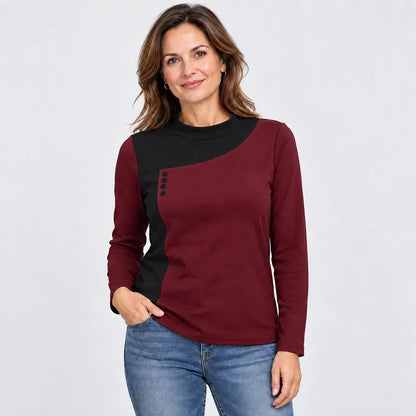 ✨【M – 3XL / 4 farieb】Blúzka v štýle color-block so stojačikom a ozdobnými gombíkmi (ľahký hrejivý flís)