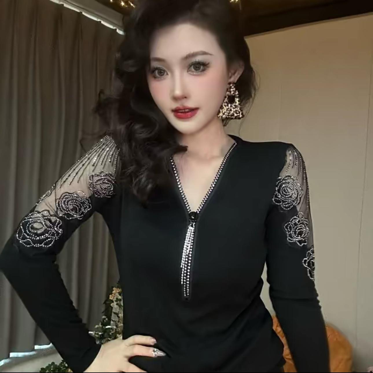 🔥Cămașă cu mâneci lungi, cu fermoar, cu decolteu în V, sexy, trandafir nou