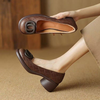 👠【35-40】2025 nowe 5CM uniwersalne modne miękkie podeszwy retro grube obcasy okrągłe palce skórzane buty-3918341