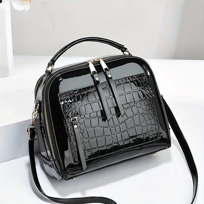 💟Geantă de mână elegantă din piele lacuită cu model crocodil, stil retro, geantă de umăr pătrată vintage, crossbody din piele artificială cu curea reglabilă pentru femei3887428