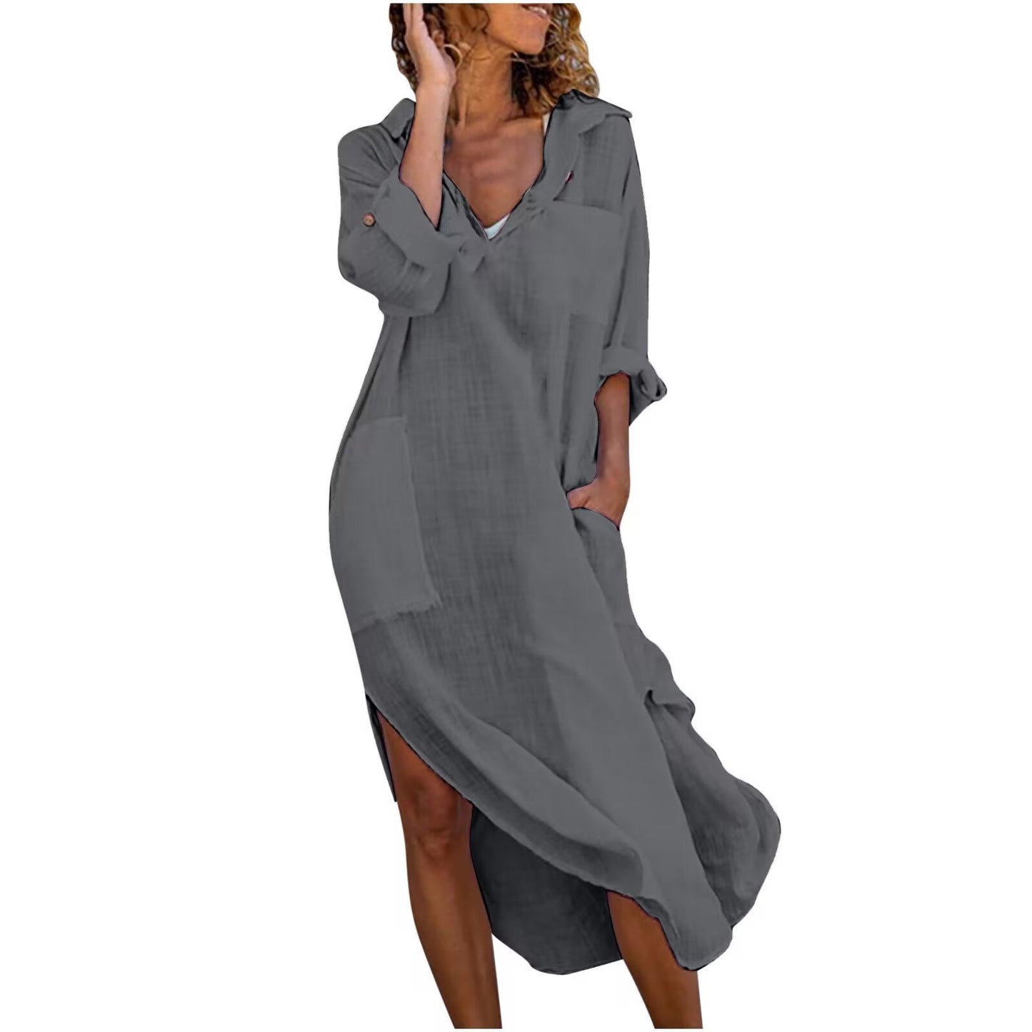 🎉💃【40-100 kg】Vestido camisero de algodón y lino liso para mujer, vestido camisero largo con abertura y botones ✅️Pago contra entrega