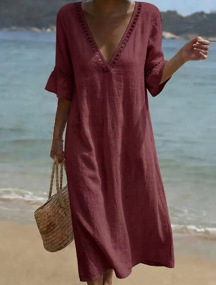 💥【50% off en nuevos productos!!】🌸Vestido mujer 2026 primavera verano, algodón y lino, cuello V con encaje✅Pago al recibir