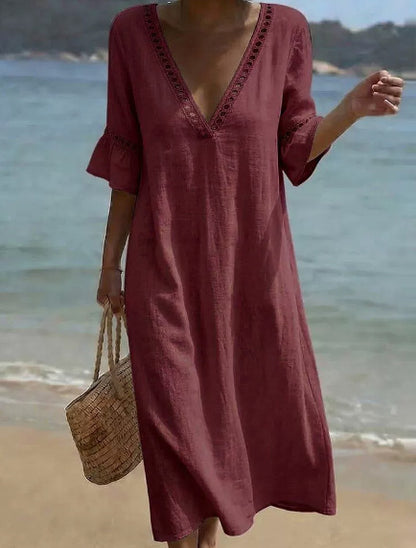 💥【50% off en nuevos productos!!】🌸Vestido mujer 2026 primavera verano, algodón y lino, cuello V con encaje✅Pago al recibir