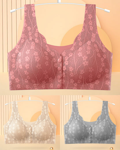😍✨【3 sztuk】【40-100KG】Damski, bezprzewodowy, koronkowy biustonosz zapinany z przodu