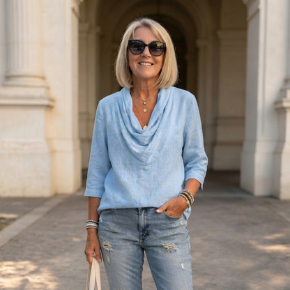 ✨50% de descuento✨ Elegante camisa de lino para mujer, ideal para el verano, con cuello tipo cascada y tejido suave y transpirable.✅️Pago contra entrega
