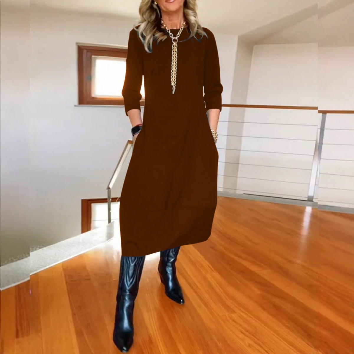 sleva 50 %! 👗 【S-5XL】Elegantní jednobarevné šaty s dlouhým rukávem, pohodlné a praktické, vhodné pro každodenní nošení.