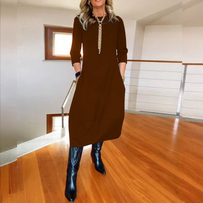 sleva 50 %! 👗 【S-5XL】Elegantní jednobarevné šaty s dlouhým rukávem, pohodlné a praktické, vhodné pro každodenní nošení.