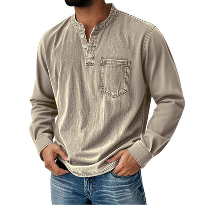 👔✅️【Descuento por tiempo limitado】【40-120 kg】🔥Camisa vaquera de manga larga con cuello en V para hombre, con bolsillo