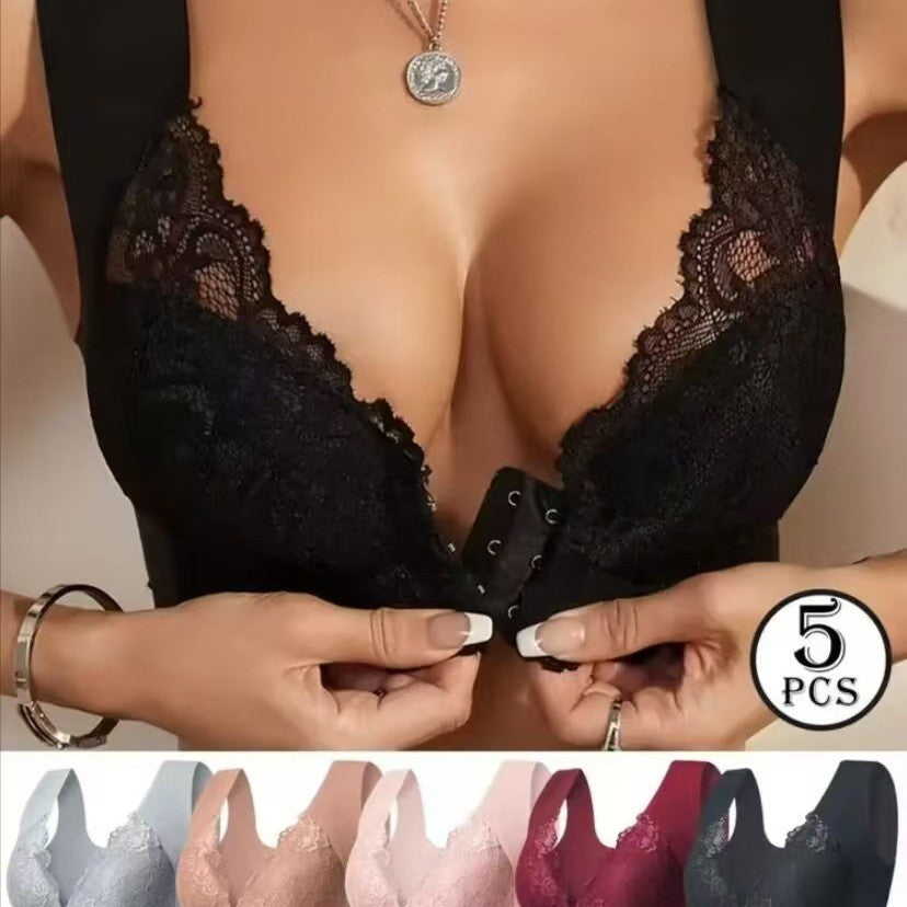 🔥💕【40-100 kg】✨👙 Biustonosz z zapięciem push-up z przodu i wykwintną koronkową ozdobą z tyłu
