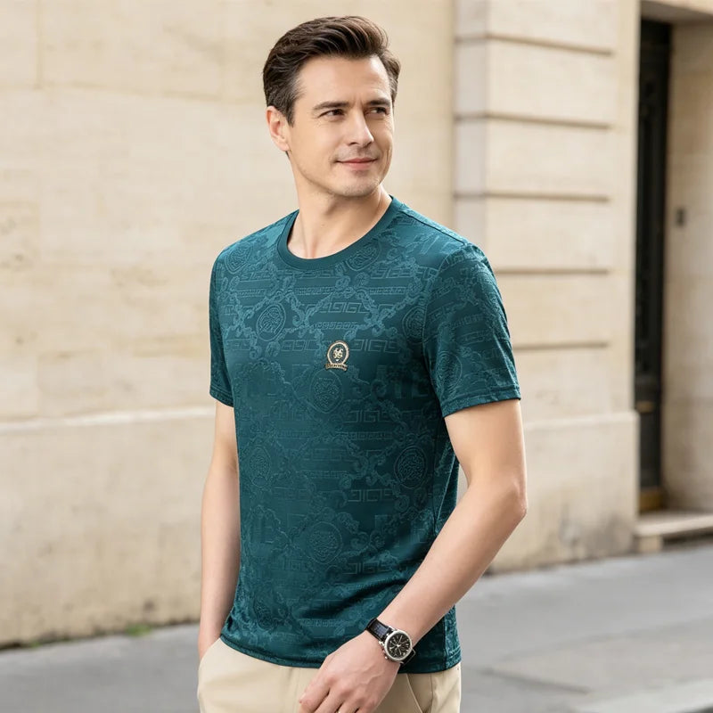 🐯Męska koszulka z krótkim rękawem w stylu retro barokowym, wykonana z chłodnego materiału przypominającego lodowy jedwab