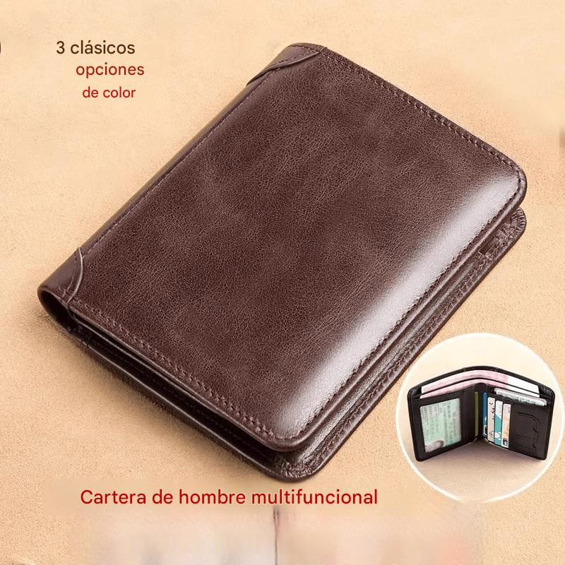 🐂✨ Nueva cartera de cuero genuino para hombre, múltiples ranuras para tarjetas, diseño antirrobo.
