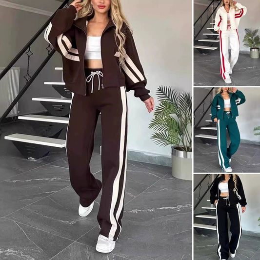 🔥🖤【Специална оферта -50%】Нов дамски комплект от две части - раирано яке с цип и ежедневни панталони