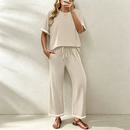 ✨Pago contra entrega✅️ Conjunto casual de dos piezas para mujer, camiseta de cuello redondo y pantalón de pierna ancha – Material suave, transpirable y elástico.